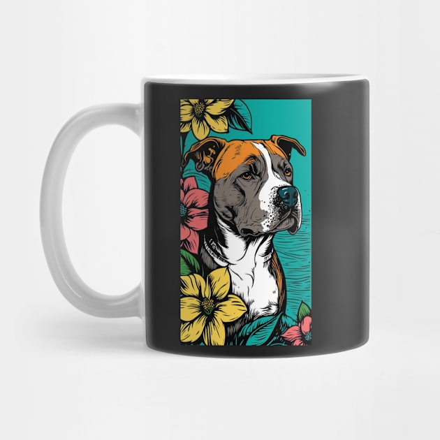 American Staffordshire Terrier PitBull Dog Vibrant Tropical Flower Tall Retro Vintage Digital Pop Art Portrait 4 by ArtHouseFlunky